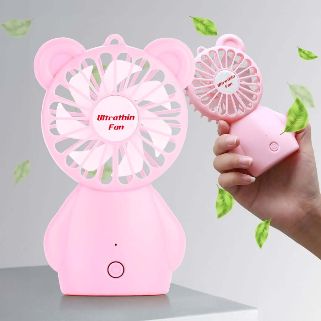 Cute pink ultrathin handheld fan with bear design, ideal for portable cooling and convenience. Perfect for affordable comfort.