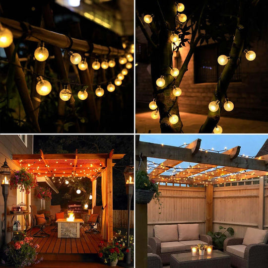 Noveden 200 Light Bulb Solar String Lights illuminating outdoor spaces with warm light, showcasing DIY festive ambiance.