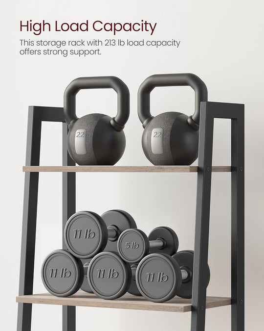 Storage rack with kettlebells and dumbbells showcasing high load capacity of 213 lb for strong support in home or gym.