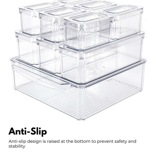 GOMINIMO clear stackable fridge organizer bins with anti-slip design for enhanced safety and stability.