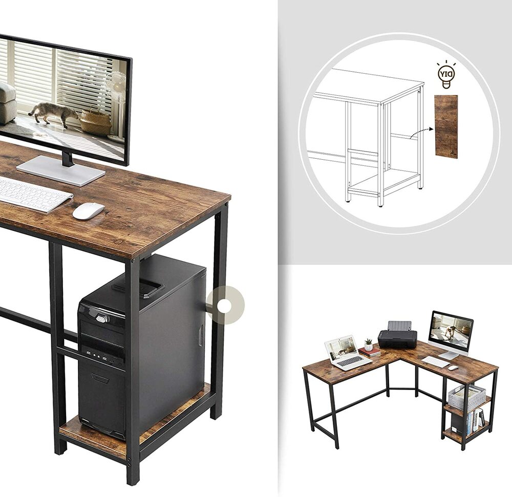 Affordable homewares and quality value furniture, featuring a modern L-shaped desk with wood finish and metal frame, ideal for home office.