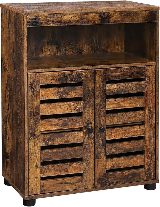 Affordable VASAGLE storage cabinet with shelves, louvered door, rustic charm, and luxe wood finish for DIY home decor.