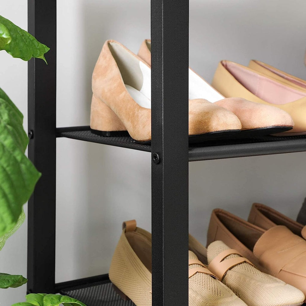 Affordable quality homewares - black metal shoe rack with beige shoes for stylish and value furniture storage solution.