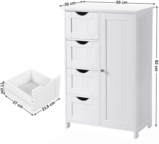 VASAGLE white floor cabinet with 4 drawers, adjustable shelf, and dimensions 55x81x30 cm, showcasing elegant and rustic style.