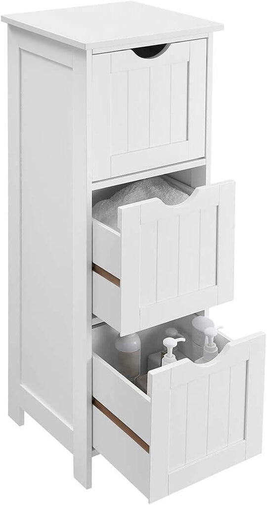 VASAGLE white floor cabinet with 3 drawers, chic Nordic style, affordable, quality DIY storage furniture for a luxe home.