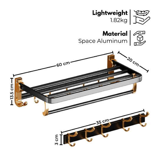 Affordable black gold bathroom accessory set, luxe design with DIY installation. Quality space aluminum, lightweight and durable.