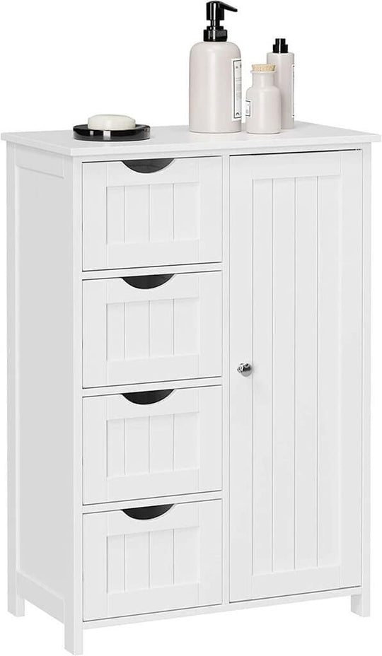 White VASAGLE floor cabinet with 4 drawers and adjustable shelf, affordable DIY rustic style furniture for any room.