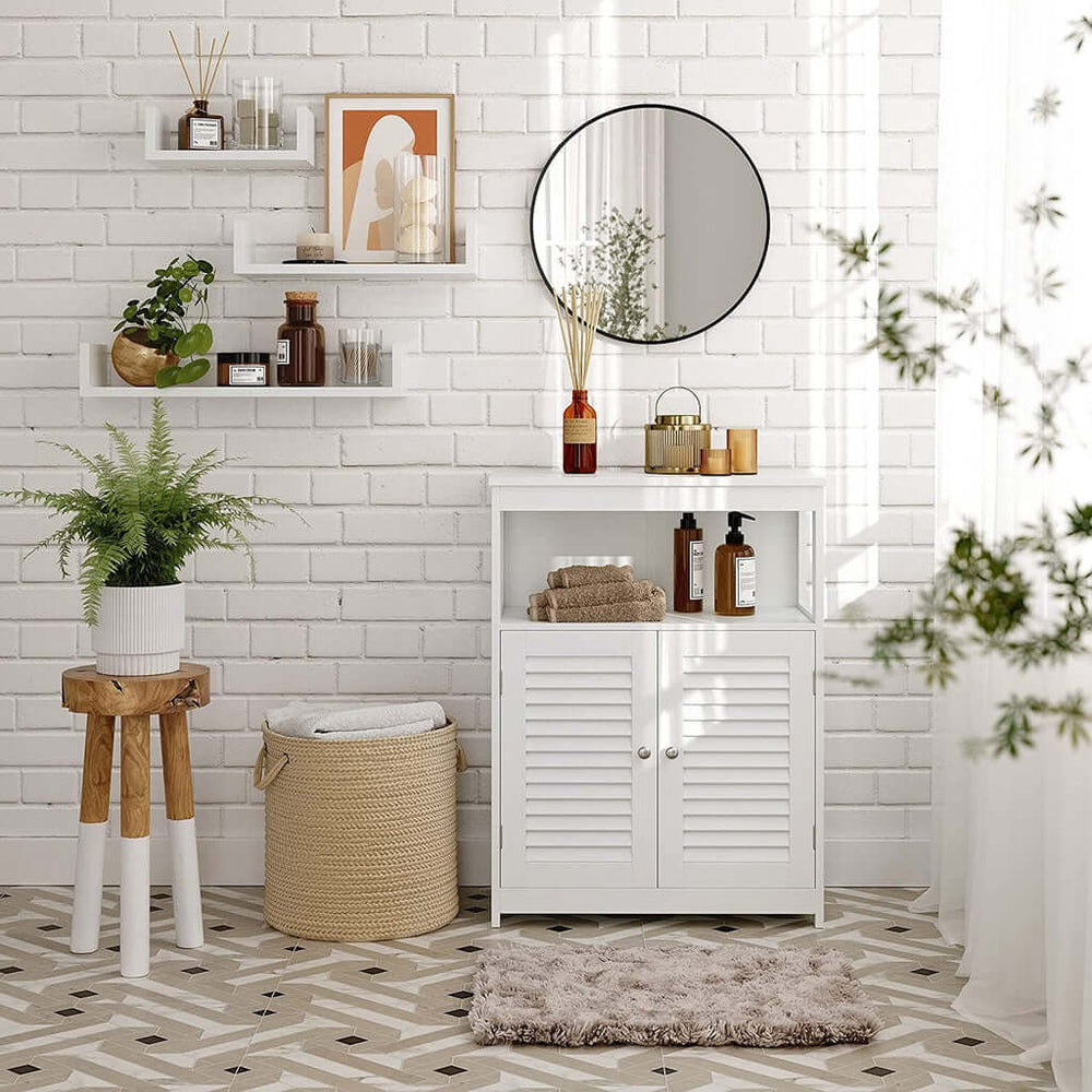 White VASAGLE floor cabinet with shelf and louvred doors in chic bathroom setting, featuring affordable and quality DIY decor.