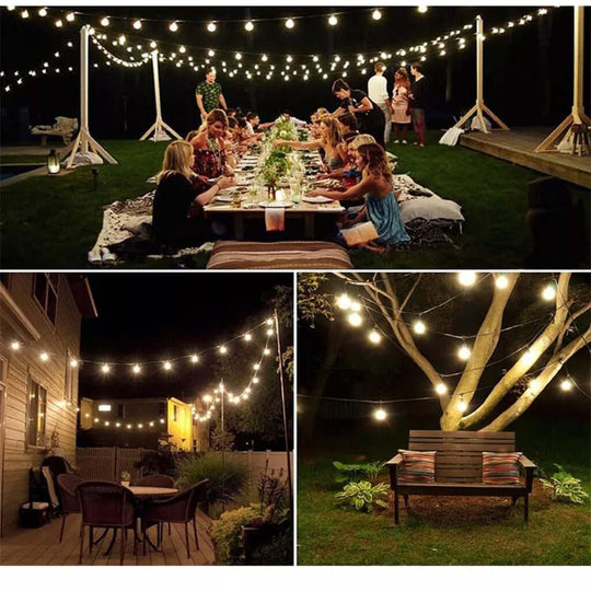 Outdoor evening gathering illuminated by warm solar string lights, creating a festive and inviting atmosphere.