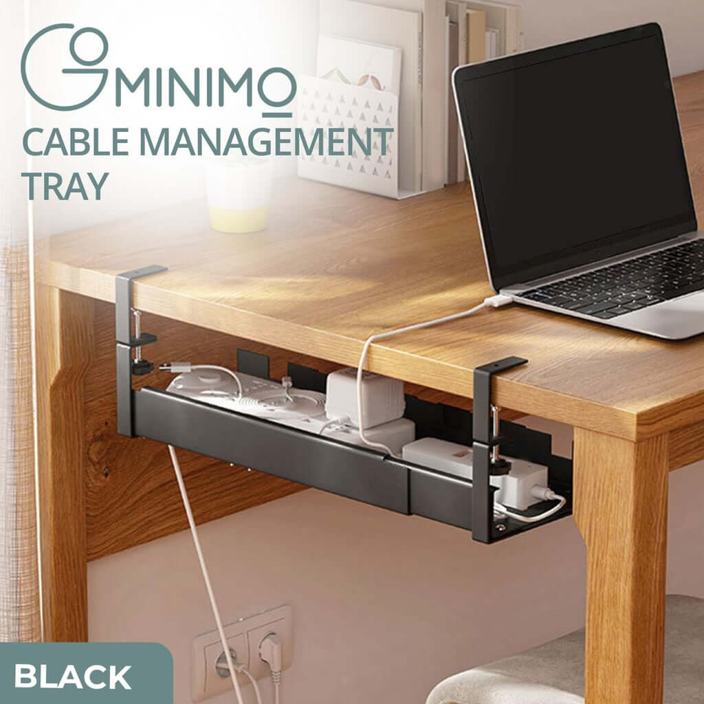 GOMINIMO Retractable Cable Management Tray in black, offering a no-drill solution for organizing cables with DIY luxe style.