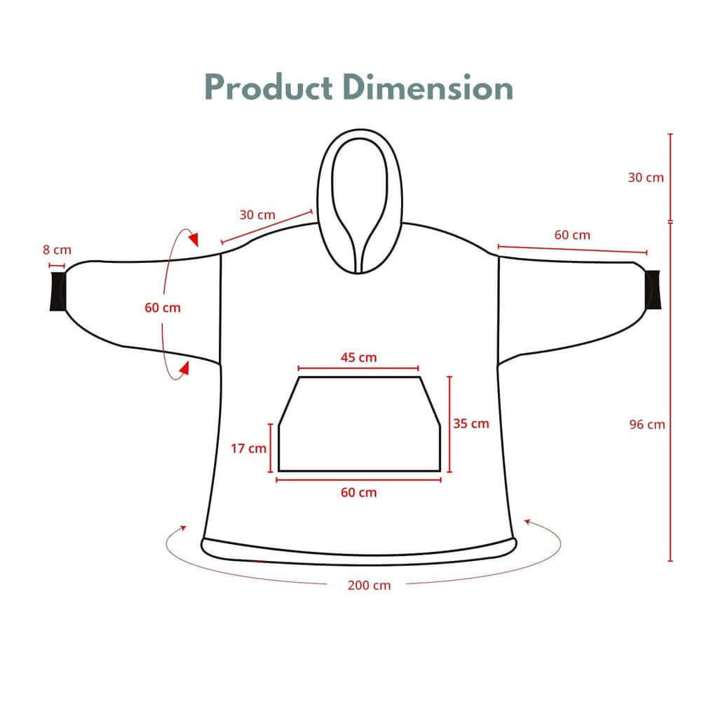 GOMINIMO Hoodie Blanket dimensions diagram with measurements in cm, featuring cozy design and large front pocket.