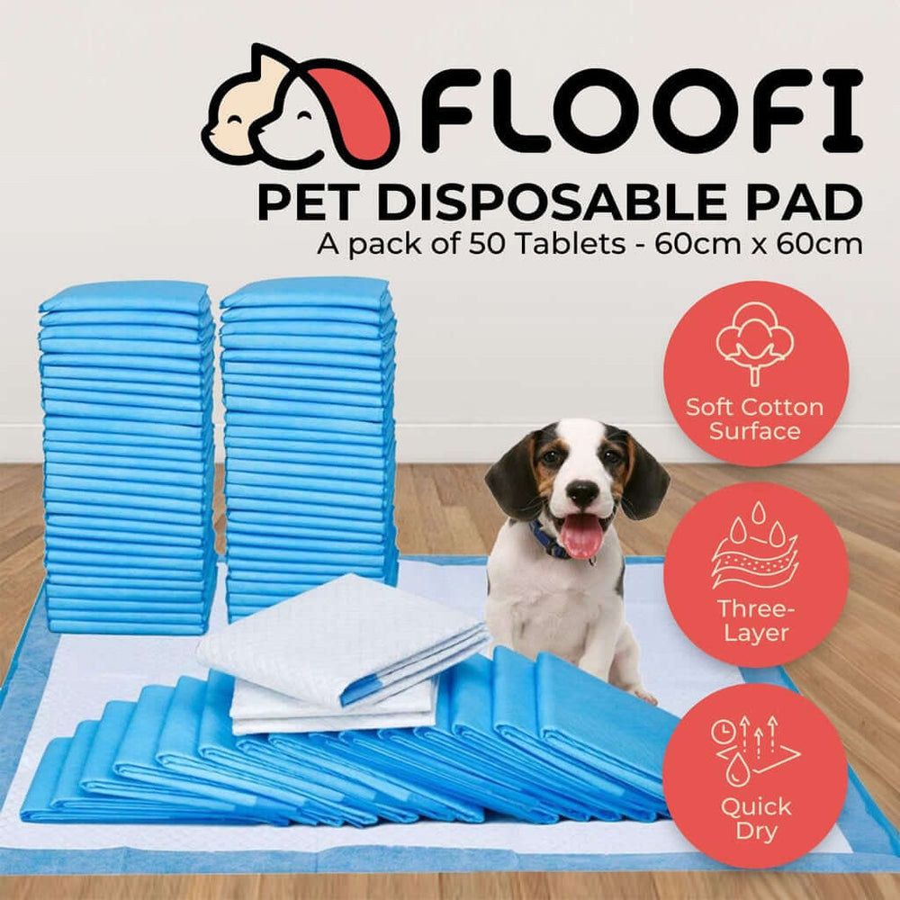 Floofi Pet Toilet Training Pads, 60x60cm, pack of 50, providing affordable, quality, and quick-drying solutions for pets.