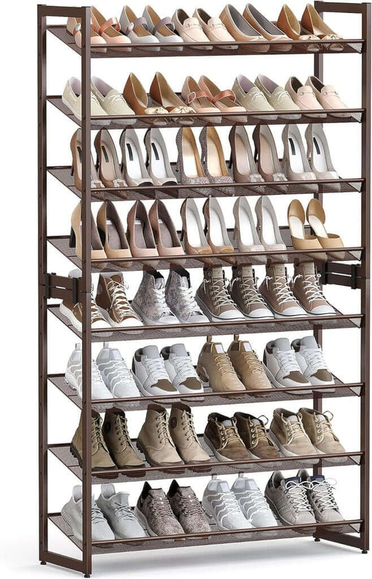 SONGMICS 8-Tier Shoe Rack in Bronze holding 32 pairs of shoes with adjustable shelves, affordable and quality storage solution.