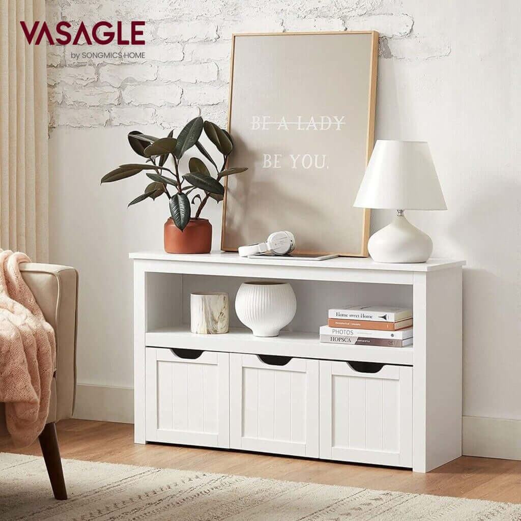 VASAGLE white storage bench with shelf and 3 drawers, featuring stylish decor, fits living room or bedroom. Affordable, quality, DIY luxe.