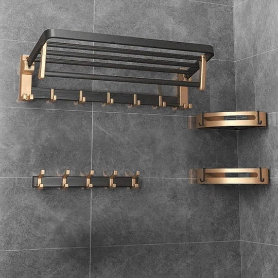 Affordable black gold bathroom accessories set with towel holder and hooks, quality DIY luxe decor in durable space aluminum.