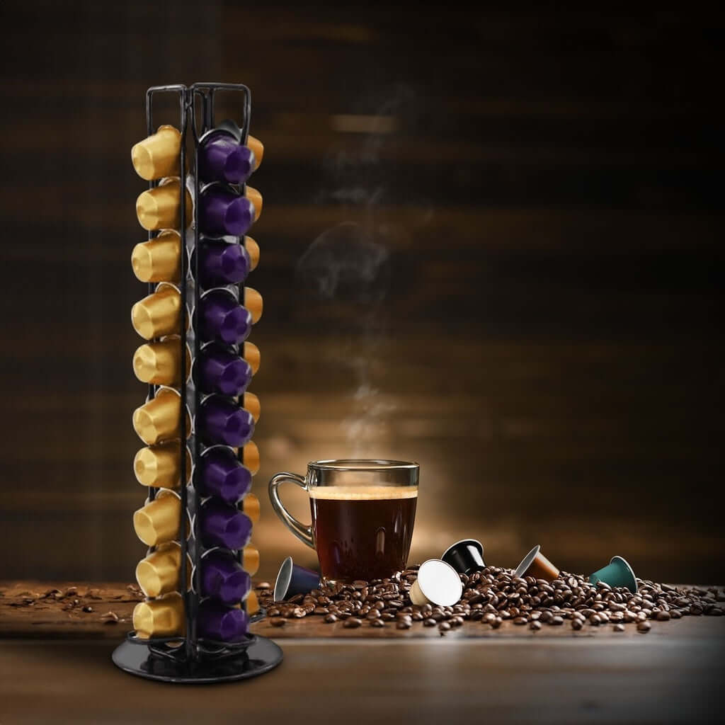 GOMINIMO coffee pod holder in black, stylishly storing 42 colorful pods beside a steaming coffee cup.