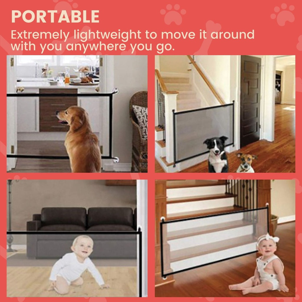 Portable and lightweight pet gate, showcasing usage in various home settings to ensure safety for pets and infants.