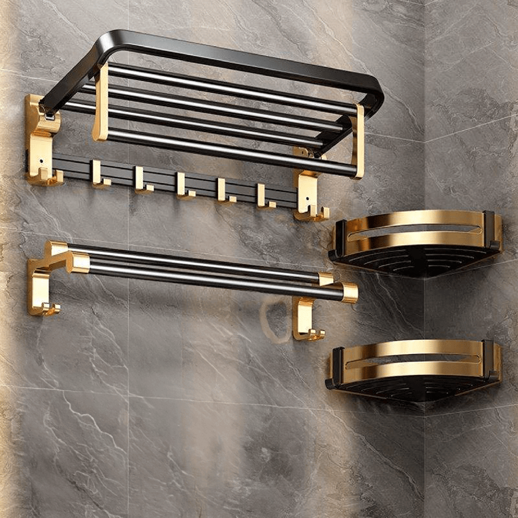 Affordable DIY luxe black gold bathroom accessories set with space aluminum towel holder and shelf. Quality and cheap organization.