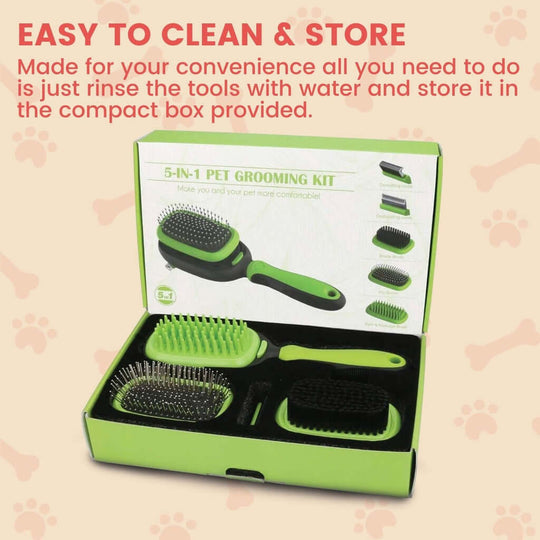 Floofi 5in1 Pet Grooming Set in green box, easy to clean and store, perfect for DIY pet care.