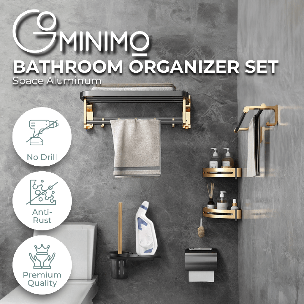 Gominimo black gold bathroom organizer set in space aluminum, featuring premium, affordable, DIY accessories with anti-rust quality.