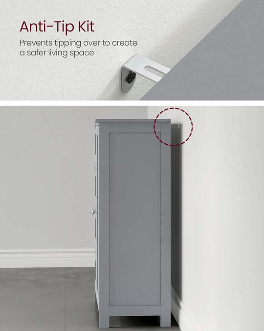 Gray VASAGLE floor cabinet with anti-tip kit for added safety, shown secured against a wall in a modern room.