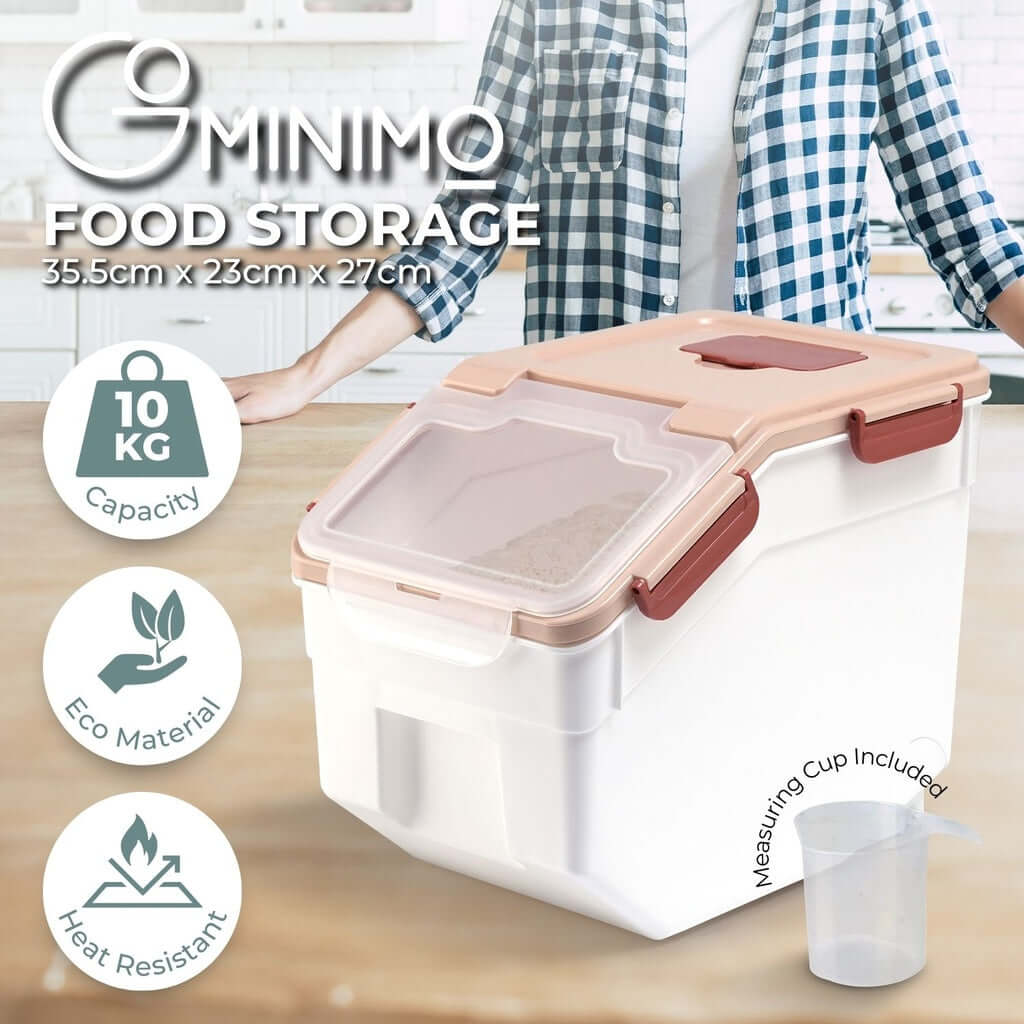 Gominimo airtight food storage container with measuring cup, eco-friendly, heat resistant, 10 kg capacity, stylish pantry organizer.