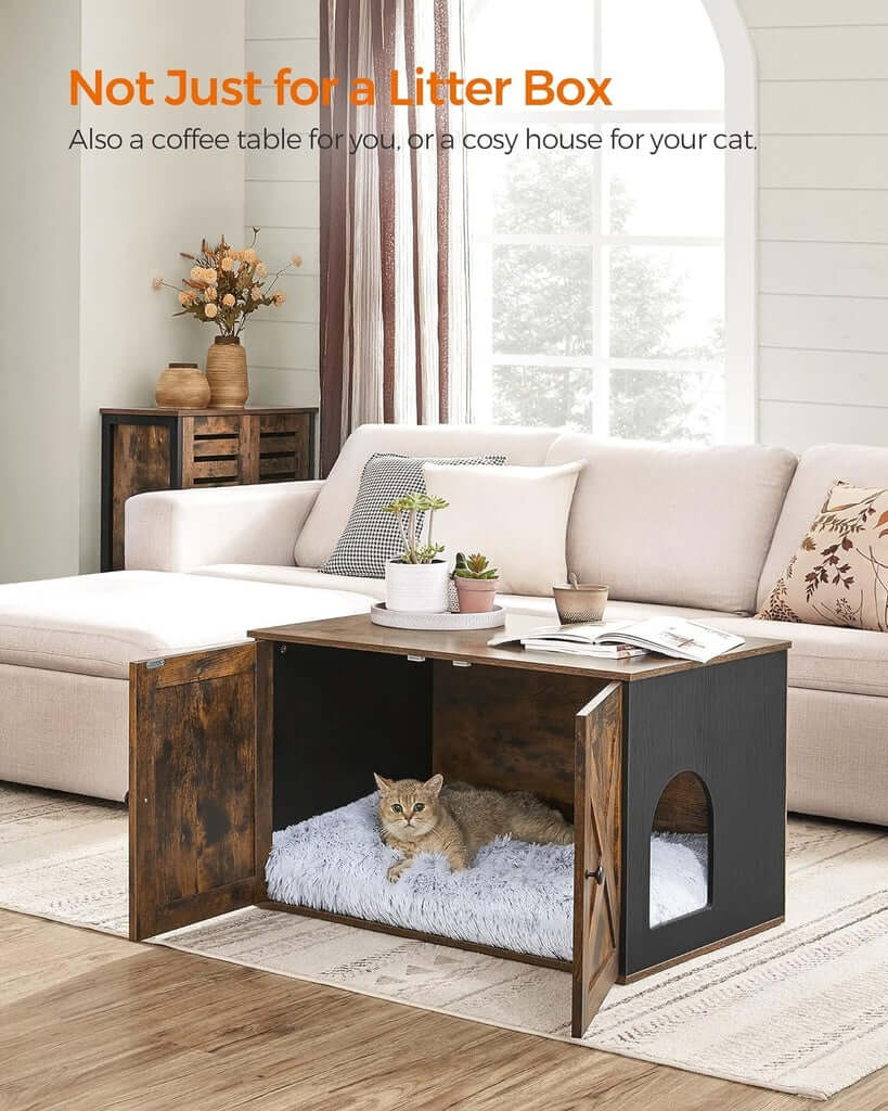 Vintage brown cat litter box table in cozy living room setup, featuring a DIY luxe design for affordable and quality pet care.