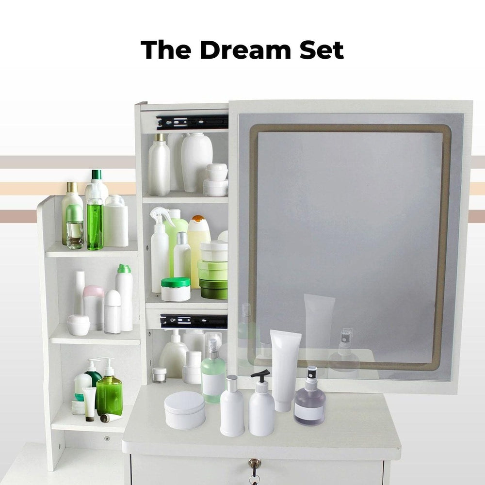 Affordable homewares and quality value furniture set with shelves and mirror labeled "Dream Set" displaying various bottles and containers.