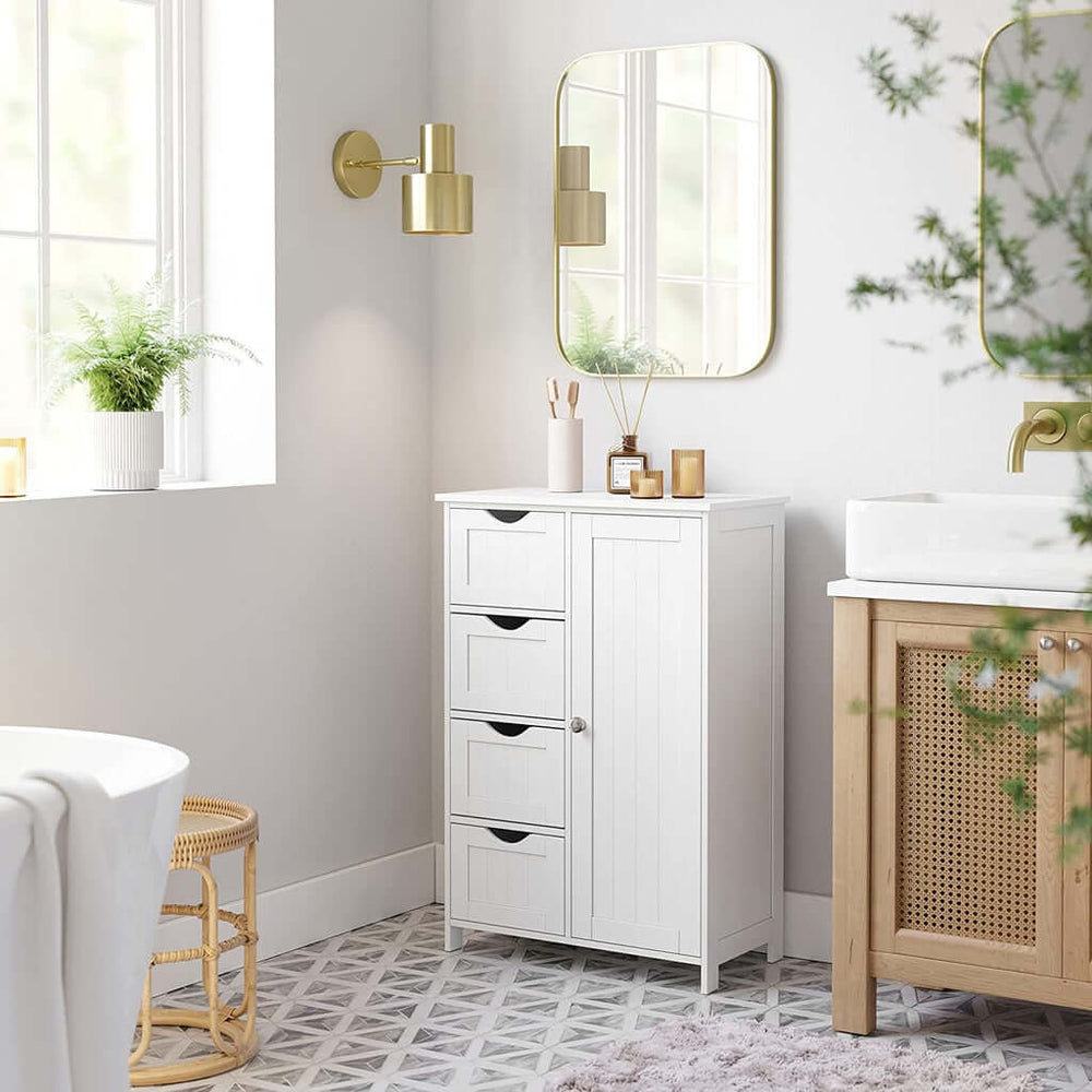 White VASAGLE floor cabinet with 4 drawers and adjustable shelf in a modern bathroom setting, showcasing affordable and luxe design.