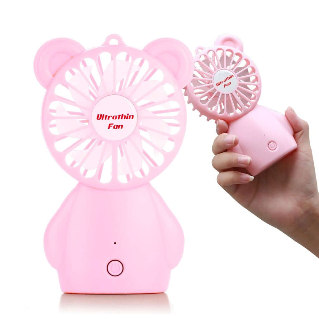 Pink handheld Ultrathin fan with bear design, ideal for cooling on-the-go; affordable, quality, and sleek for DIY comfort.