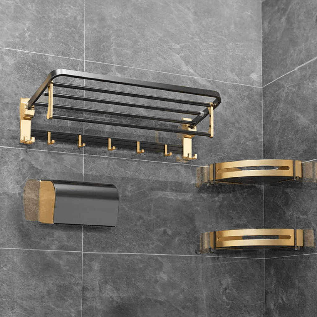 Affordable black gold bathroom accessories set with towel holder and tissue box; quality space aluminum, luxe DIY style.