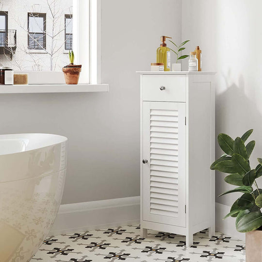 Affordable VASAGLE white floor cabinet with drawer, 1 door, and slat design in luxe bathroom setting.