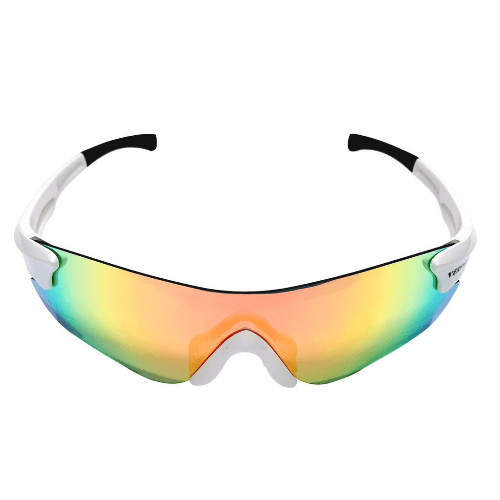 VERPEAK Sport Sunglasses Type 2 in white frame with black tips and colorful lenses, offering UV protection and ergonomic design.