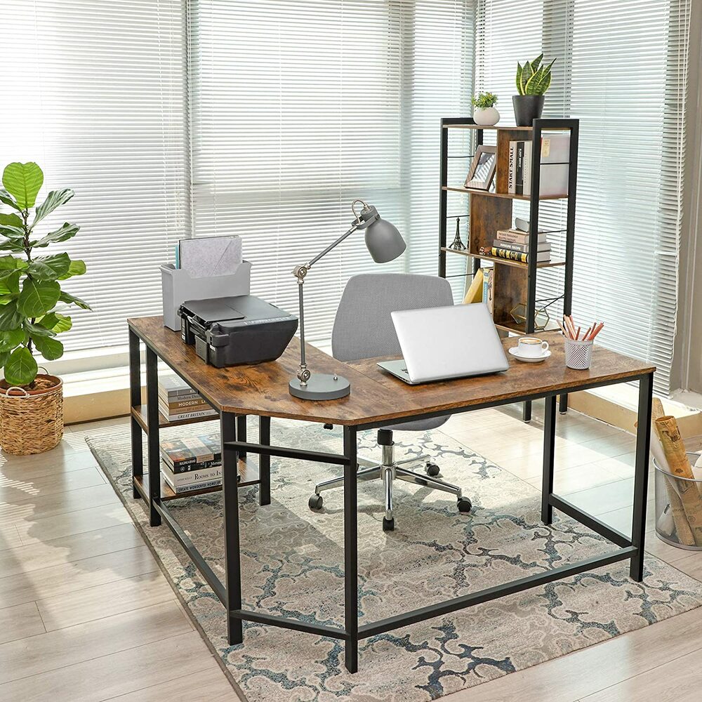 Modern home office with affordable furniture including a wooden desk, grey chair, bookshelf, and stylish homewares for quality and value.