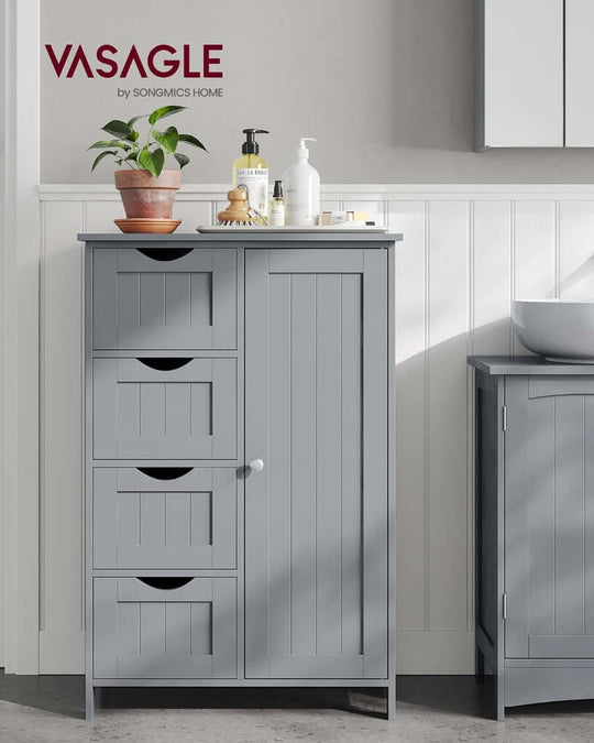 "VASAGLE gray floor cabinet with 4 drawers and adjustable shelf, affordable DIY luxe bathroom storage solution"