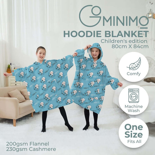 GOMINIMO Kids Hoodie Blanket in light blue, cozy flannel with sheep design, perfect for warmth and comfort.