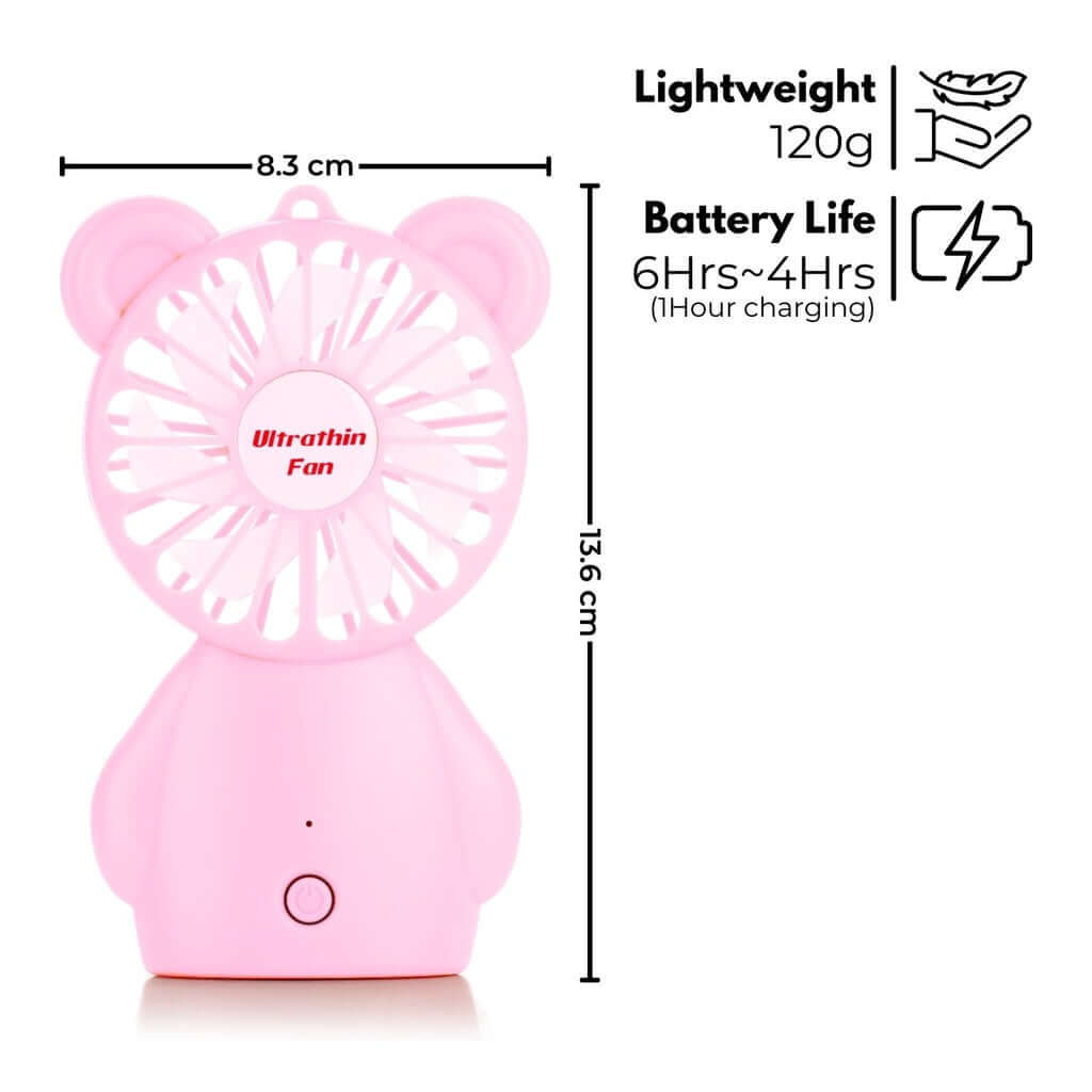 GOMINIMO portable pink handheld fan with bear design, 120g, 8.3cm width, 136.6cm height, 6-hour battery life.