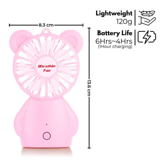 GOMINIMO portable pink handheld fan with bear design, 120g, 8.3cm width, 136.6cm height, 6-hour battery life.