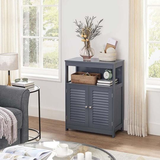 Gray VASAGLE floor cabinet with shelf and stylish louvered doors, offering affordable DIY storage with a luxe, quality design.