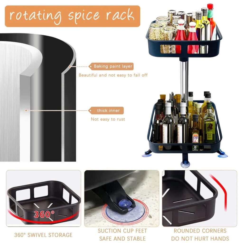 GOMINIMO 2-Tier Rotating Spice Rack with secure suction feet, 360° swivel storage, and durable paint finish in black.