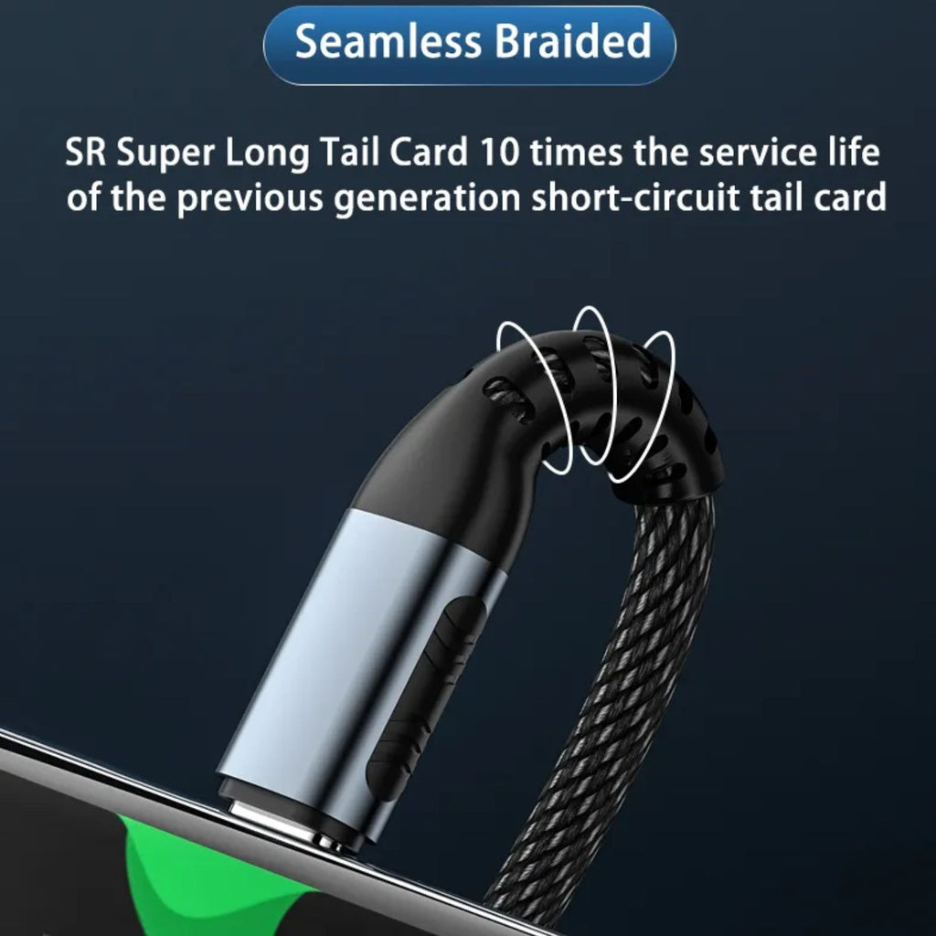 High-durability braided charging cable with SR super long tail card for extended service life and short-circuit protection.