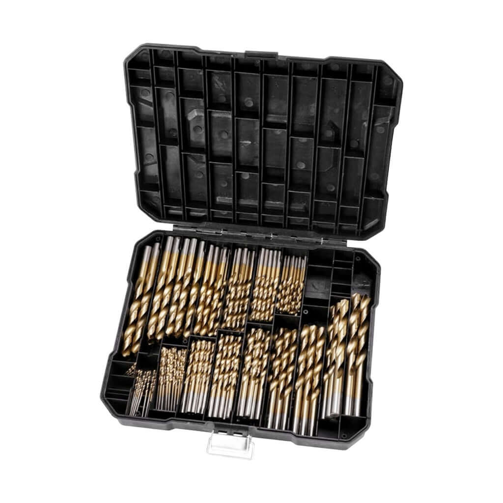 RYNOMATE 230 pcs Drill Bits Set in black plastic case, featuring high-speed steel bits for precision DIY drilling. Affordable quality tools.