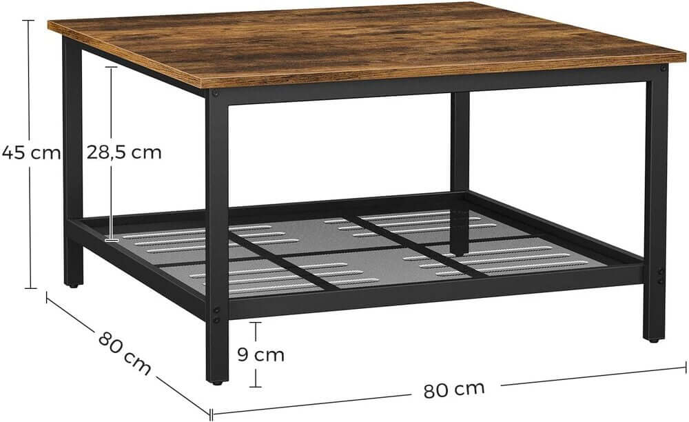 VASAGLE square coffee table with rustic brown top, black steel frame, and mesh shelf, ideal for affordable DIY luxe living room.