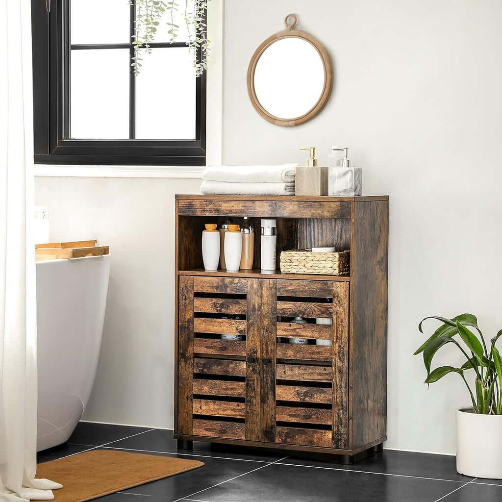 Affordable brown VASAGLE storage cabinet with louvered doors, ideal for DIY projects. Luxe and quality design for any interior.