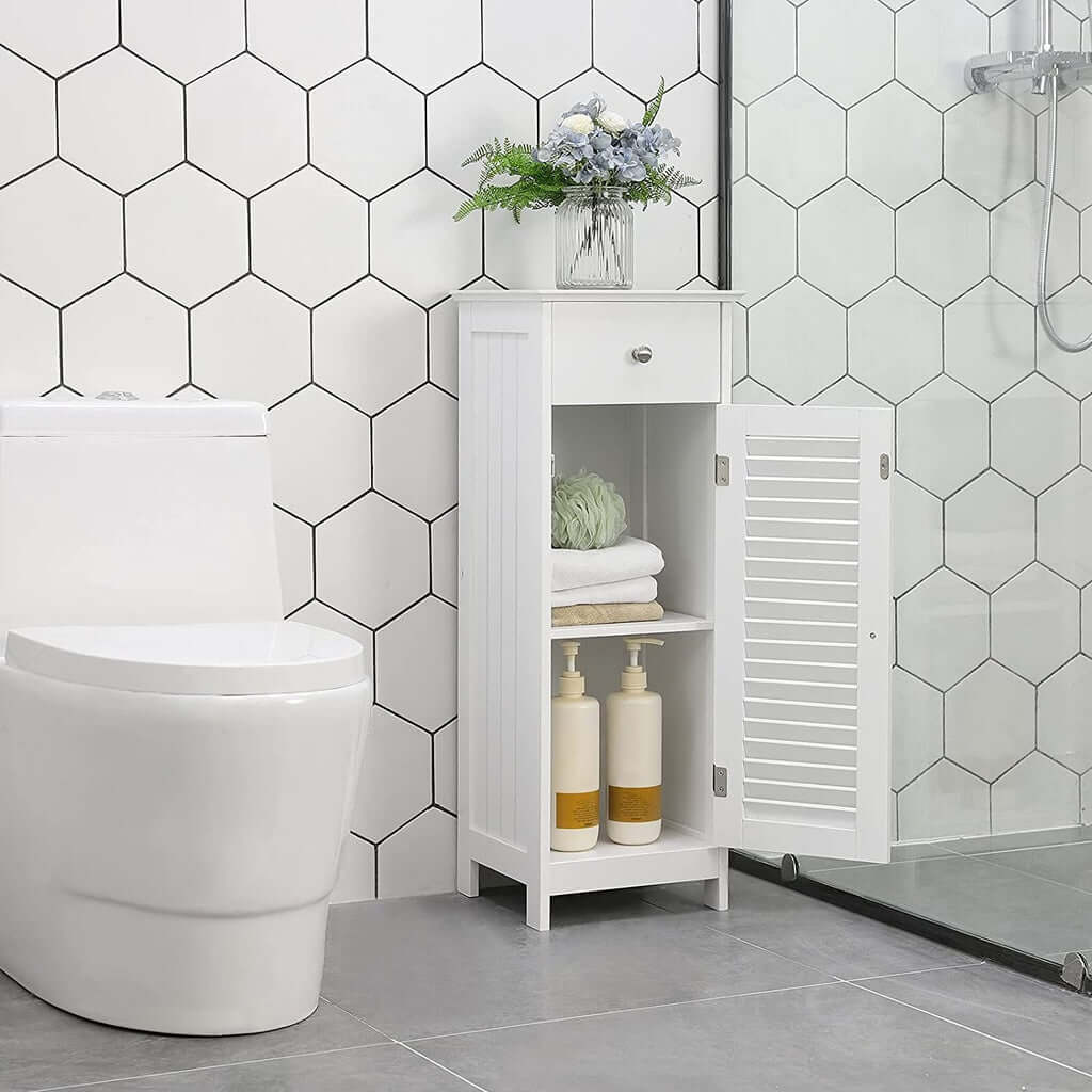 Affordable VASAGLE white floor cabinet with drawer and door, perfect for bathroom storage and DIY home decor solutions.