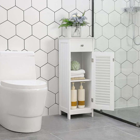 Affordable VASAGLE white floor cabinet with drawer and door, perfect for bathroom storage and DIY home decor solutions.