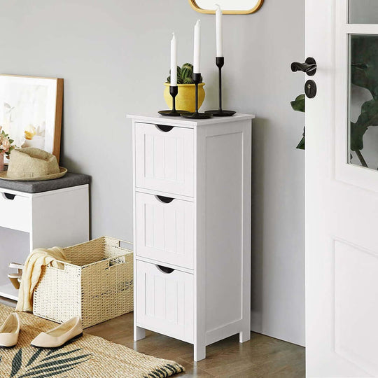 Affordable Luxe VASAGLE white floor cabinet with 3 drawers, ideal for DIY home decor and quality storage solution.