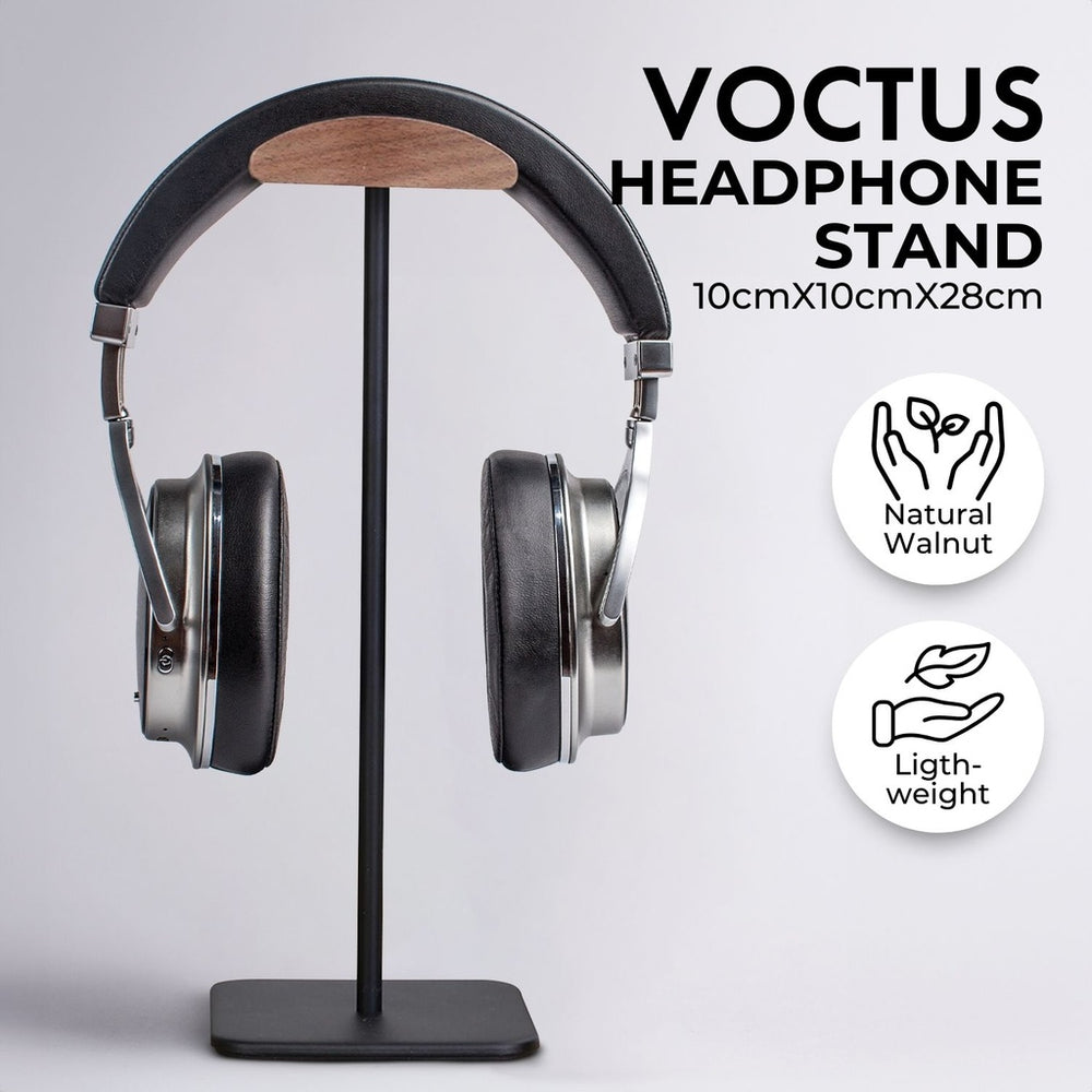 "Vuctus headphone stand made of natural walnut, lightweight, dimensions 10cm x 10cm x 28cm, featuring supported headphones"