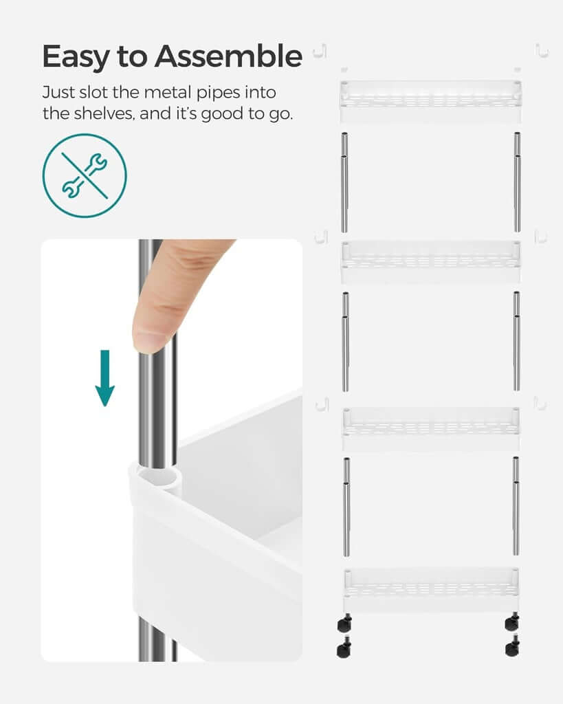 Easy assembly of SONGMICS 4-tier storage cart with metal pipes and PP baskets, DIY storage solution, affordable and quality design.