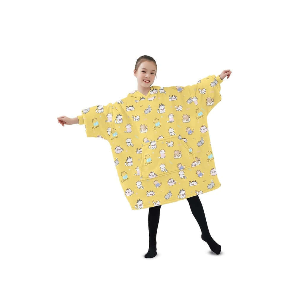 Kids wearing GOMINIMO yellow cat hoodie blanket, showcasing comfy double layers and large pockets for warmth and convenience.